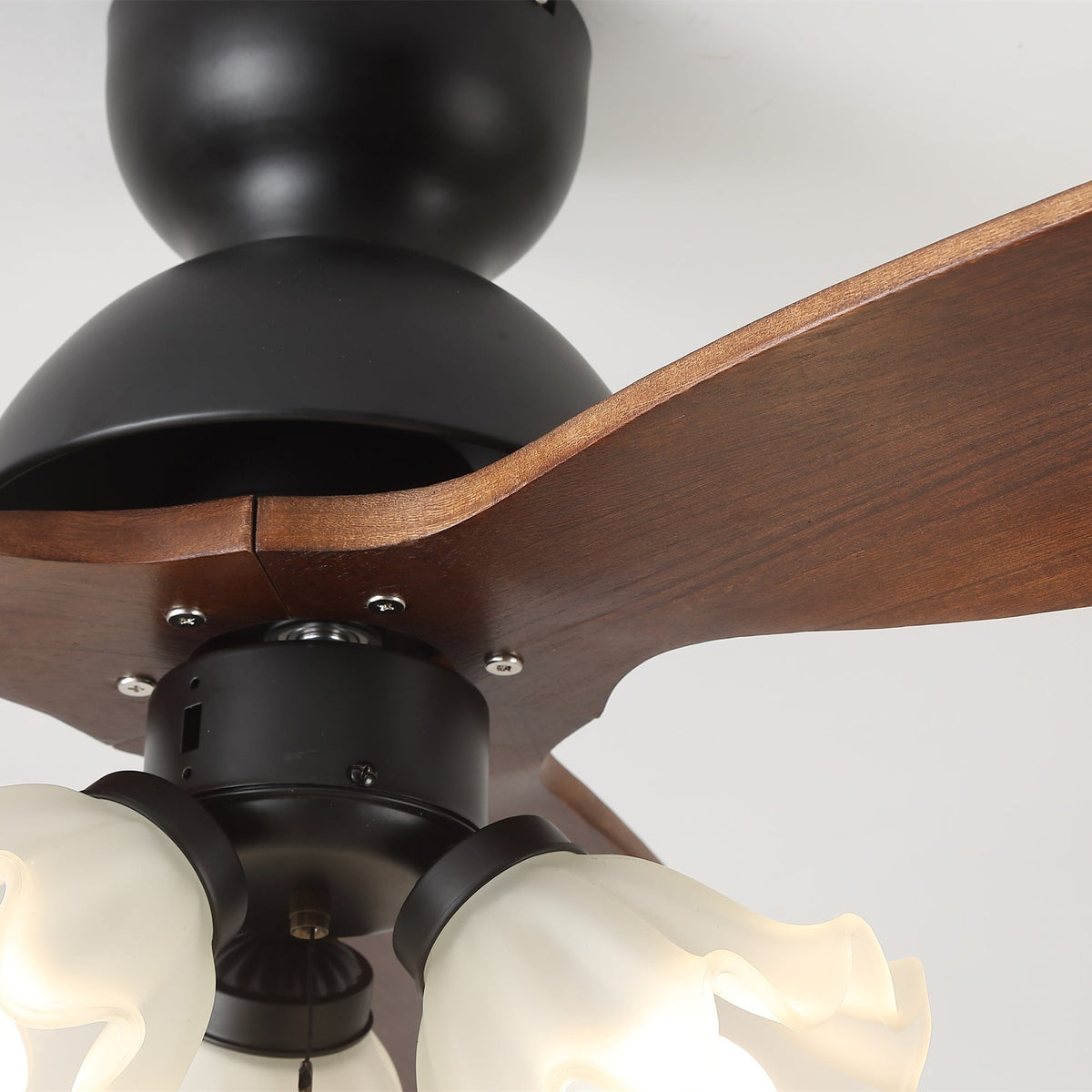 Bloom Air Ceiling Fan Light with Wooden Blades and Glass Shade