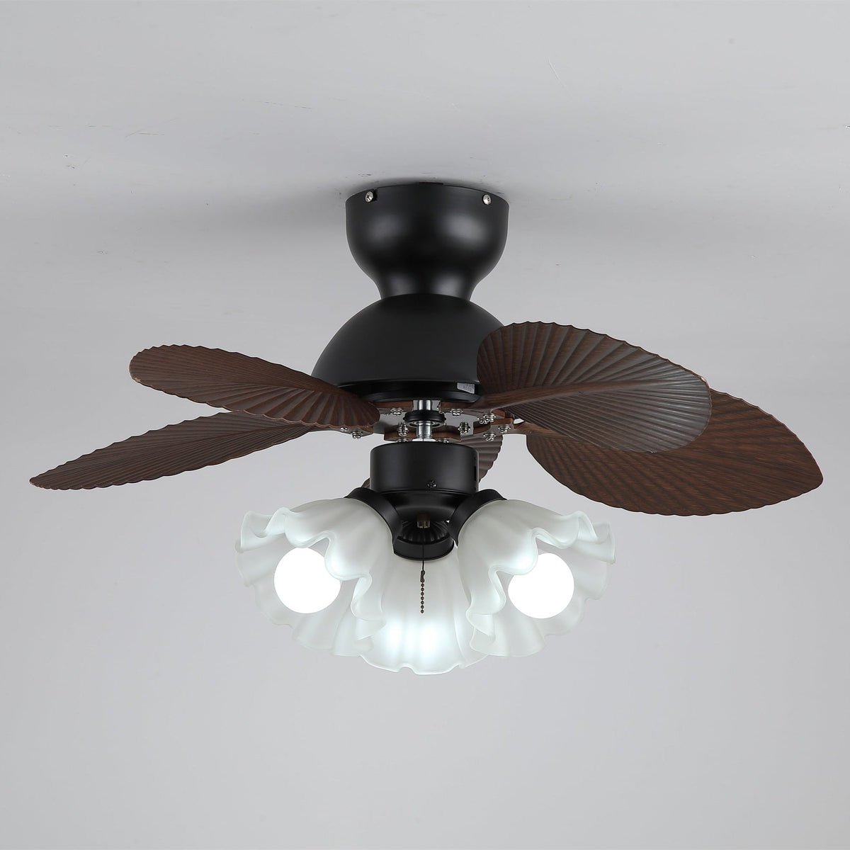 Bloom Breeze Ceiling Fan Light with Wooden Blades and Glass Shade
