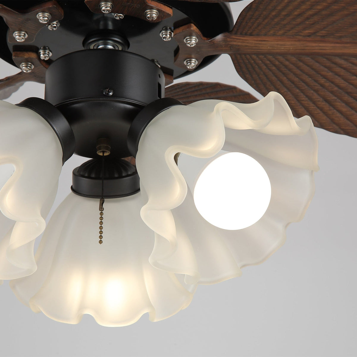 Bloom Breeze Ceiling Fan Light with Wooden Blades and Glass Shade