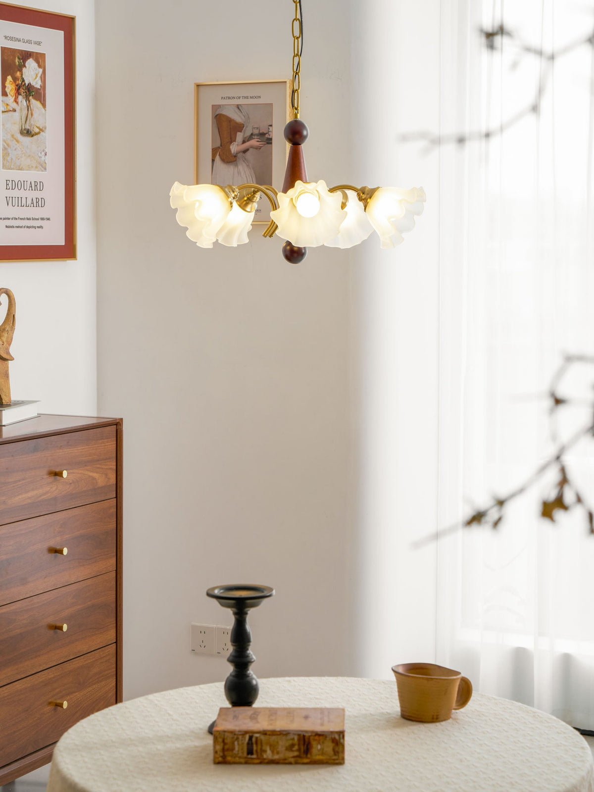 Bloomcrest Modern Glass Chandelier with Gold and Walnut Finishes