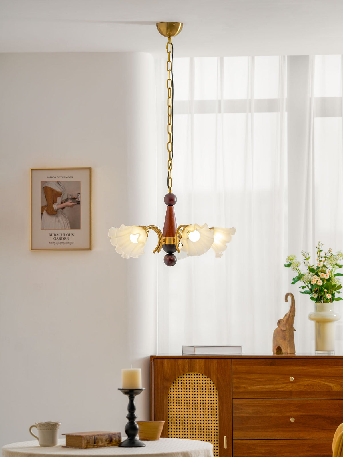 Bloomcrest Modern Glass Chandelier with Gold and Walnut Finishes