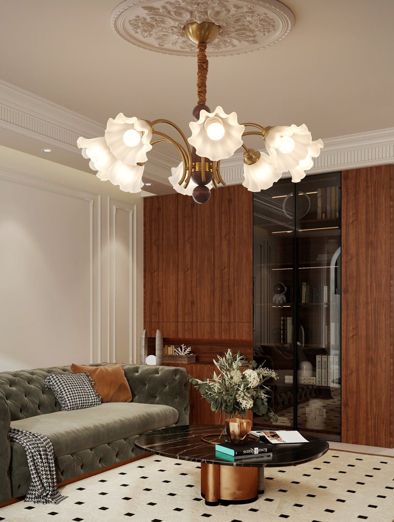 Bloomcrest Modern Glass Chandelier with Gold and Walnut Finishes