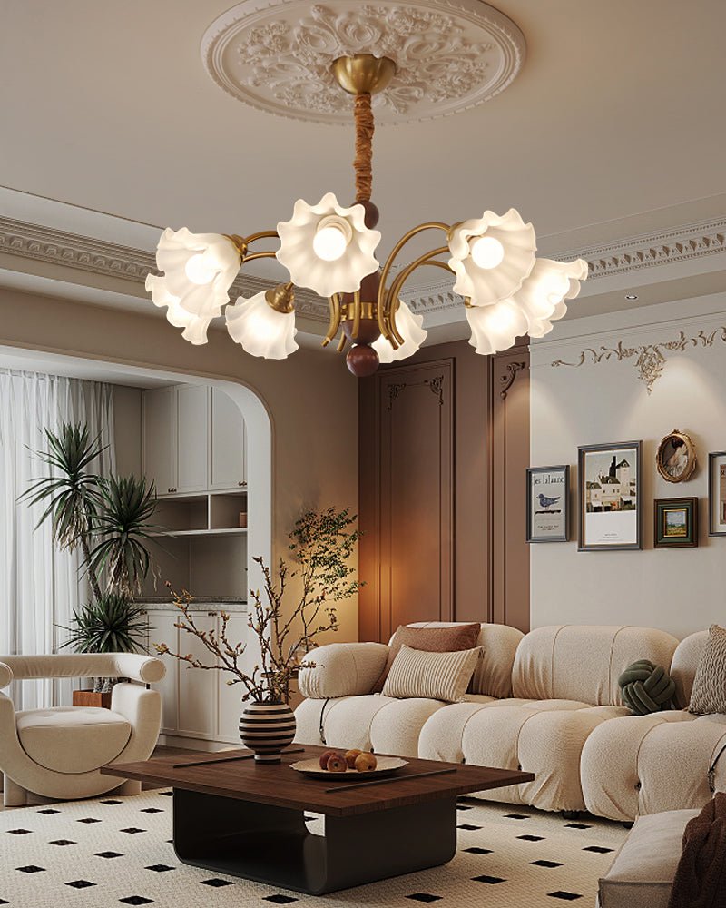 Bloomcrest Modern Glass Chandelier with Gold and Walnut Finishes