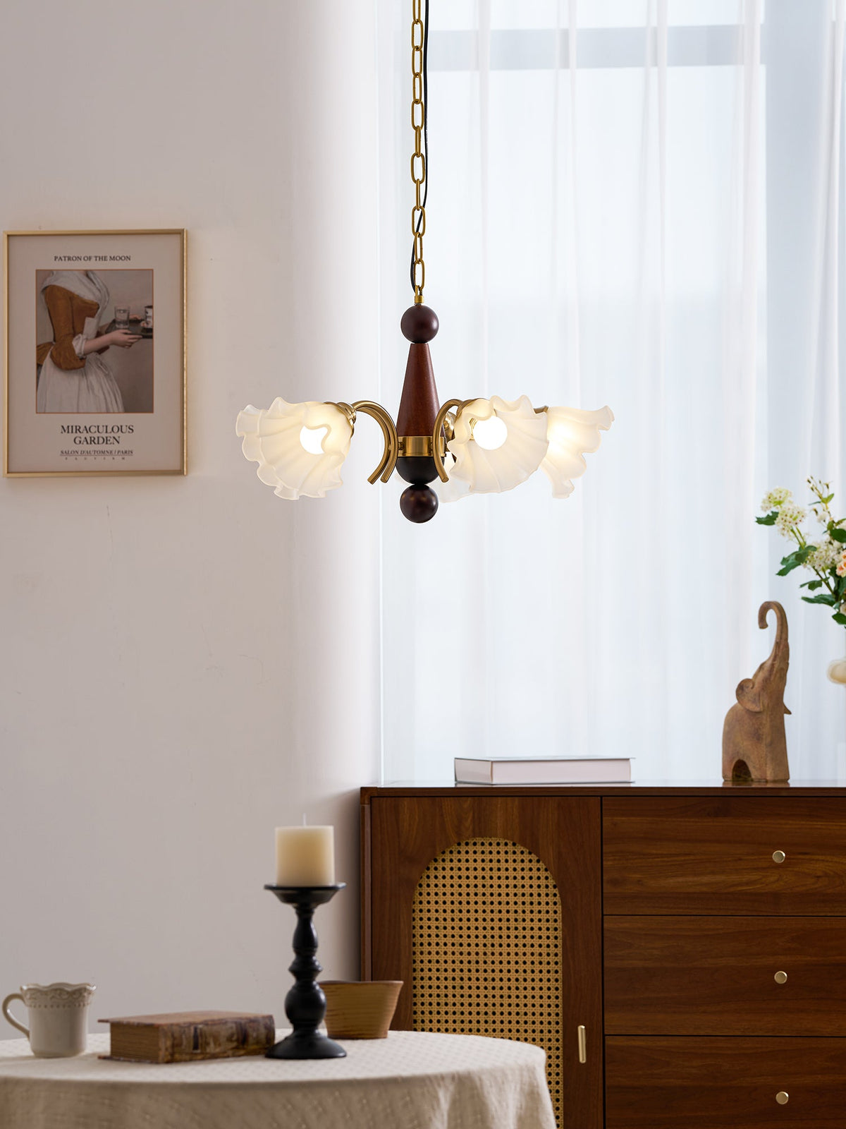 Bloomcrest Modern Glass Chandelier with Gold and Walnut Finishes
