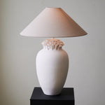 Blossom Crest Ceramic Table Lamp – Sculptural Floral Design with Linen Shade