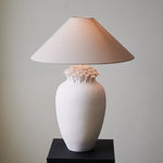 Blossom Crest Ceramic Table Lamp – Sculptural Floral Design with Linen Shade