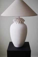Blossom Crest Ceramic Table Lamp – Sculptural Floral Design with Linen Shade