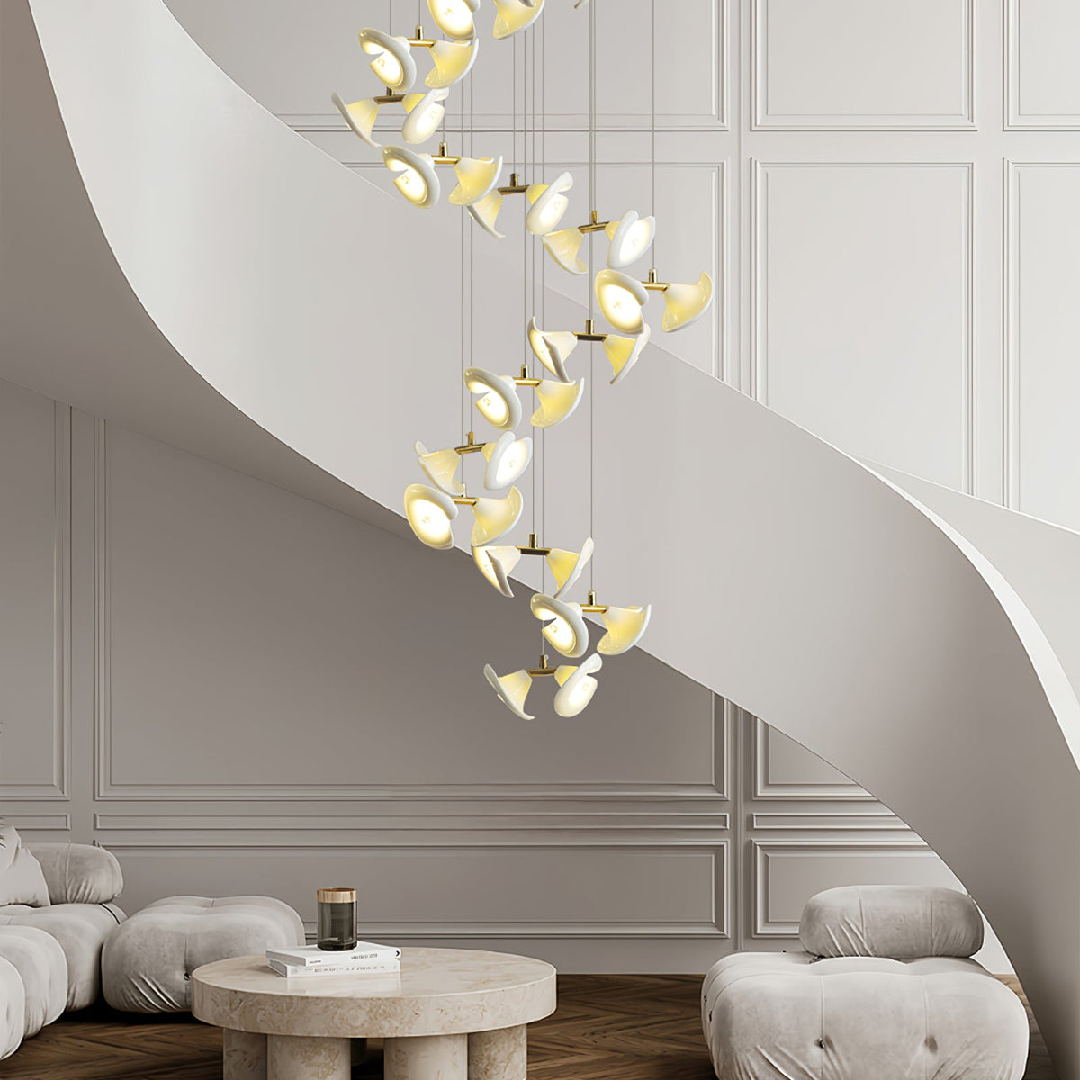 Blossom Double Horn Chandelier – Modern Ceramic & Gold Pendant Light