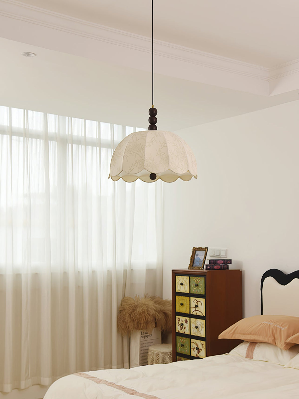 Blossom Fabric Swag Pendant Light – Walnut & Brass