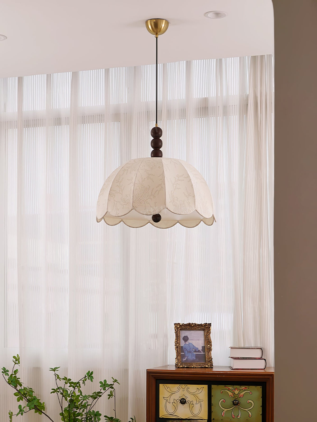 Blossom Fabric Swag Pendant Light – Walnut & Brass
