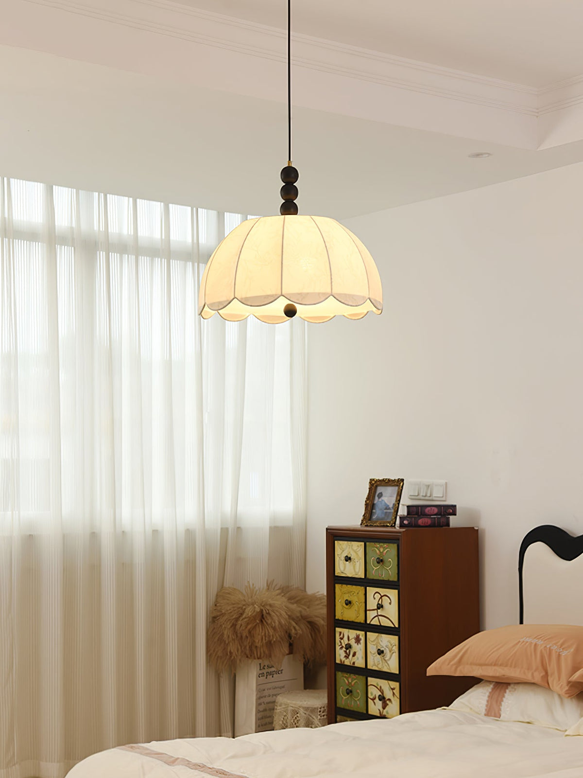 Blossom Fabric Swag Pendant Light – Walnut & Brass