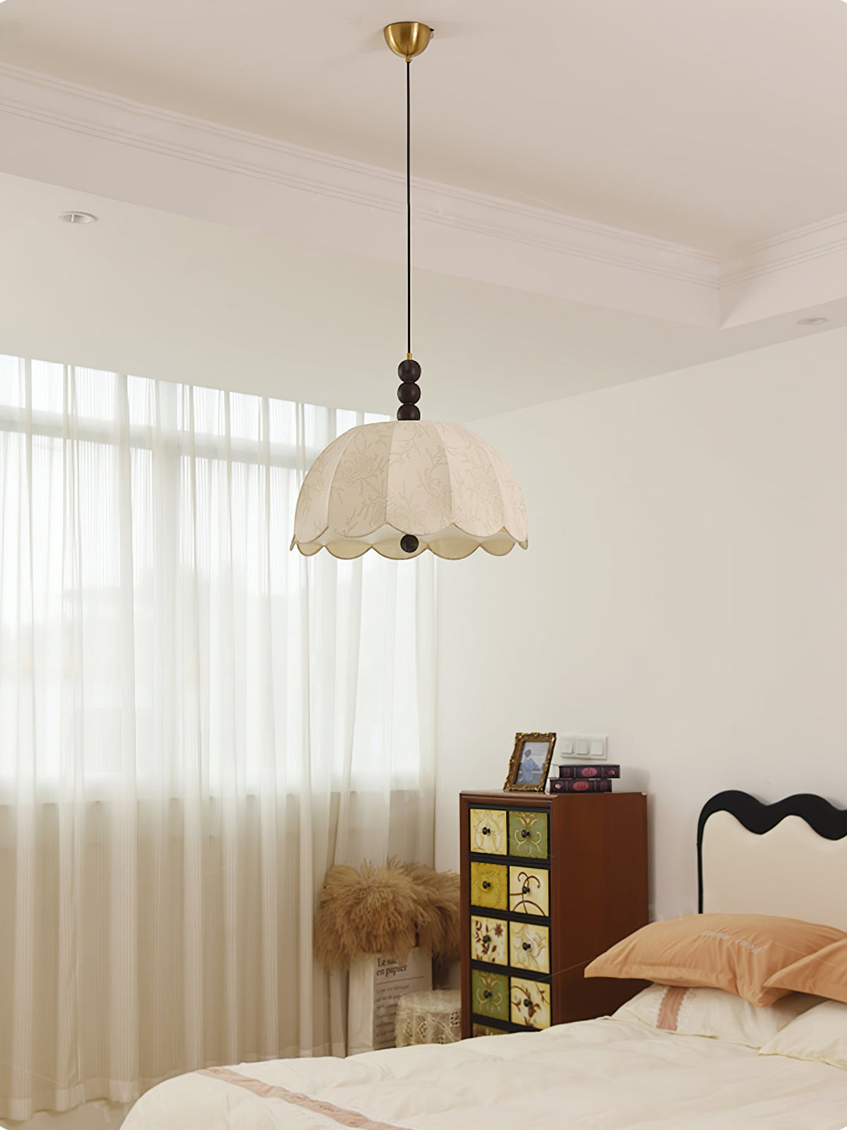 Blossom Fabric Swag Pendant Light – Walnut & Brass