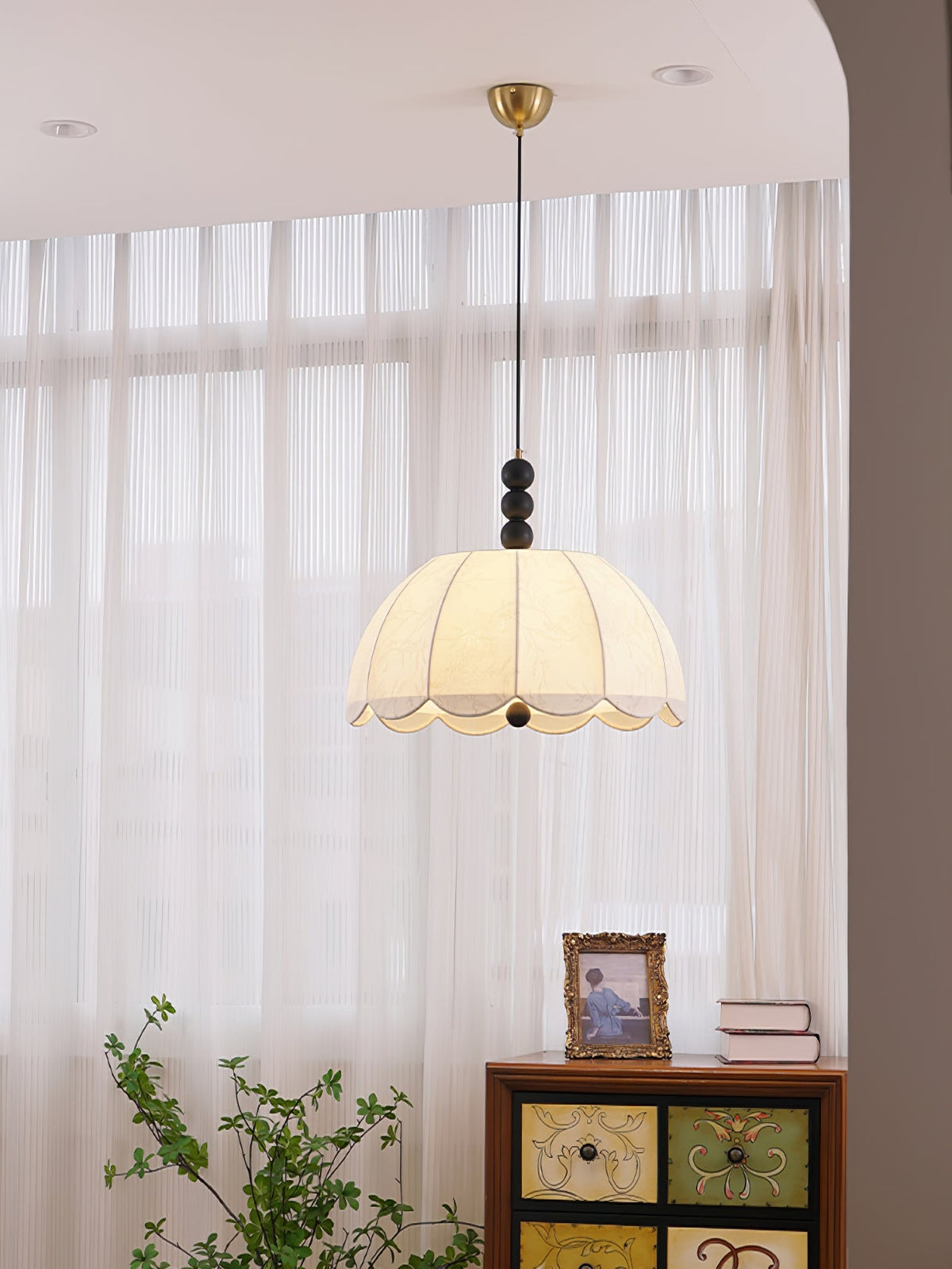 Blossom Fabric Swag Pendant Light – Walnut & Brass