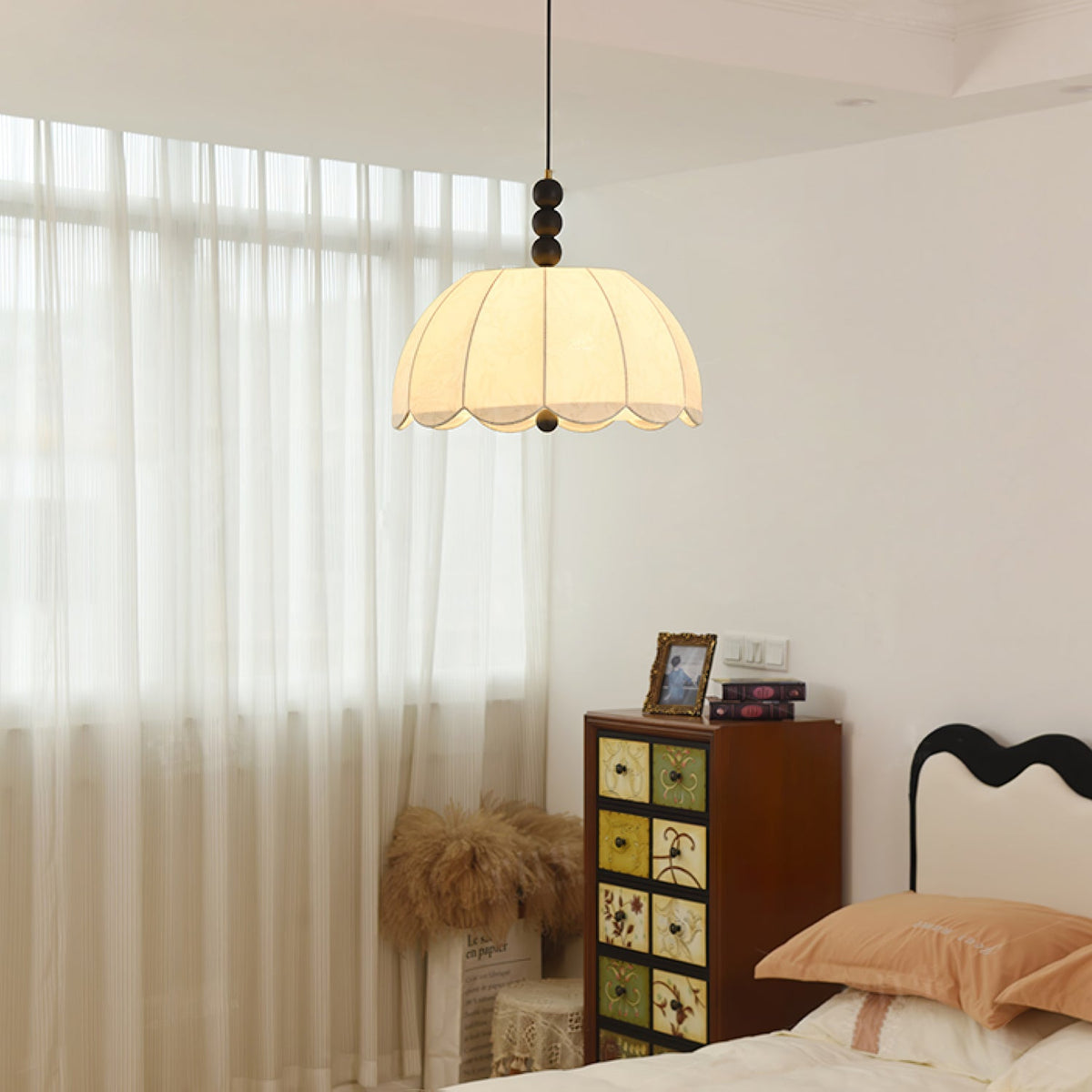 Blossom Fabric Swag Pendant Light – Walnut & Brass