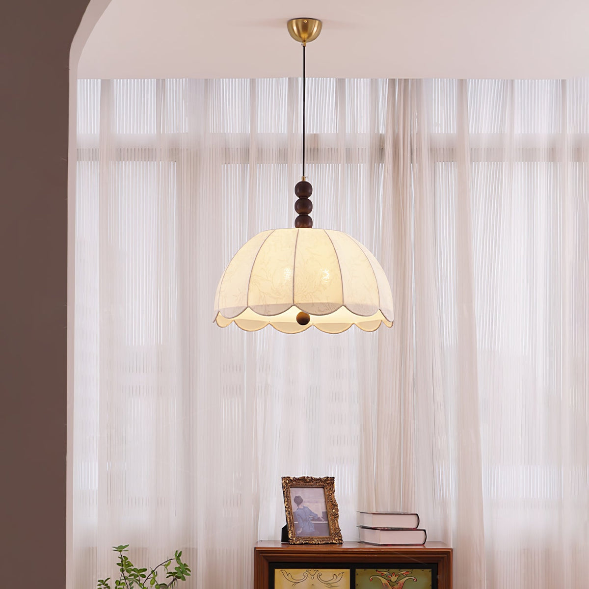 Blossom Fabric Swag Pendant Light – Walnut & Brass