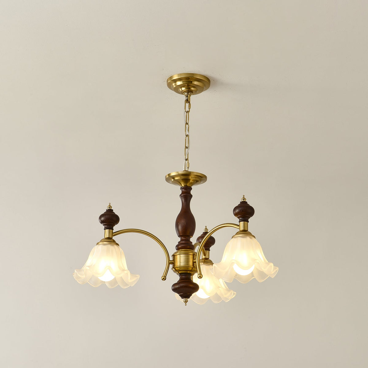 Ethereal Blossom Chandelier in Gold and Walnut with Glass Petals