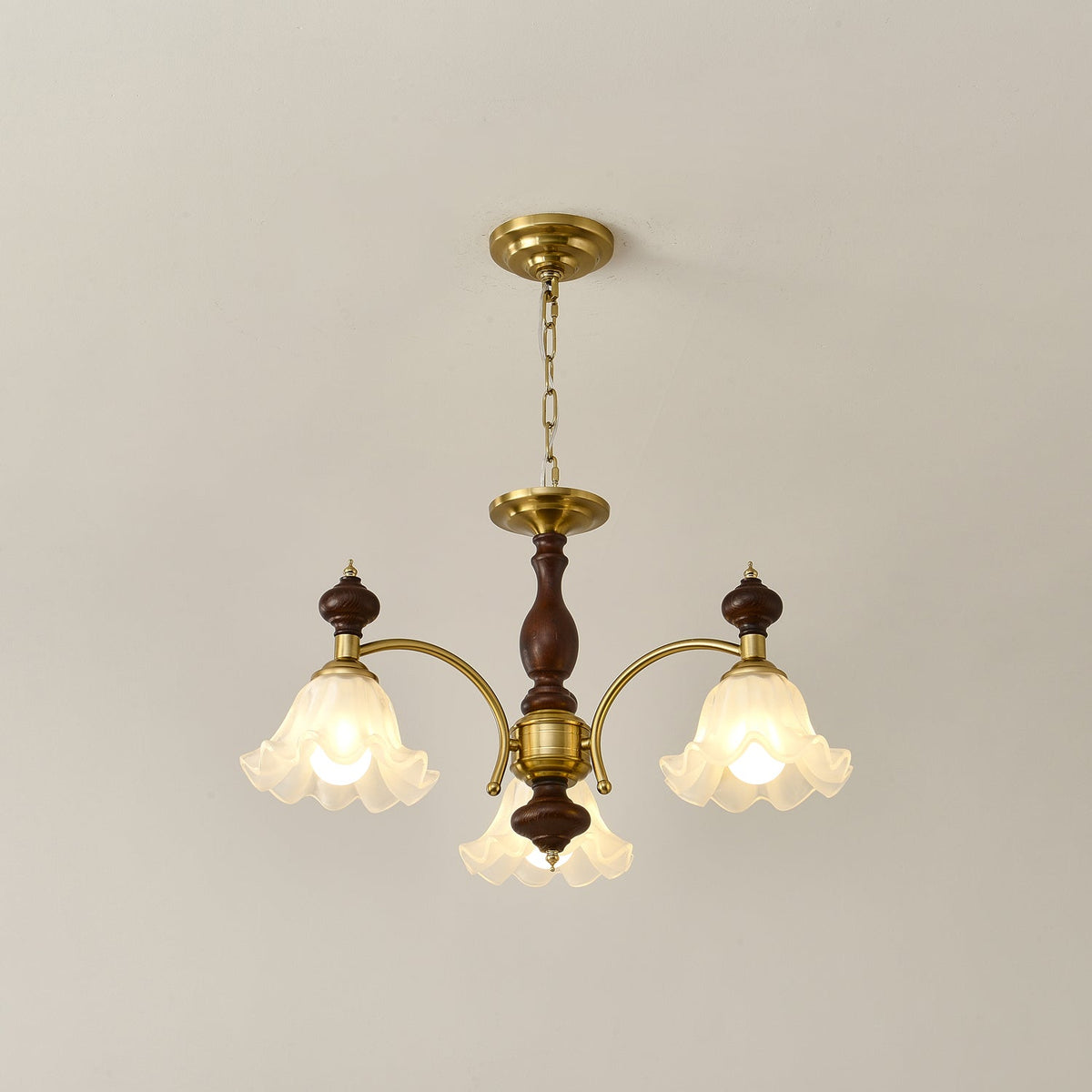 Ethereal Blossom Chandelier in Gold and Walnut with Glass Petals