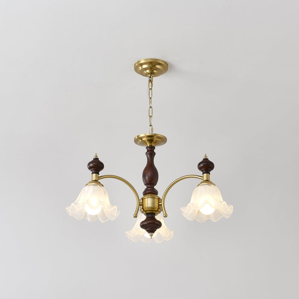 Ethereal Blossom Chandelier in Gold and Walnut with Glass Petals