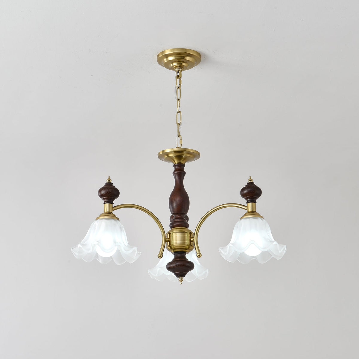 Ethereal Blossom Chandelier in Gold and Walnut with Glass Petals