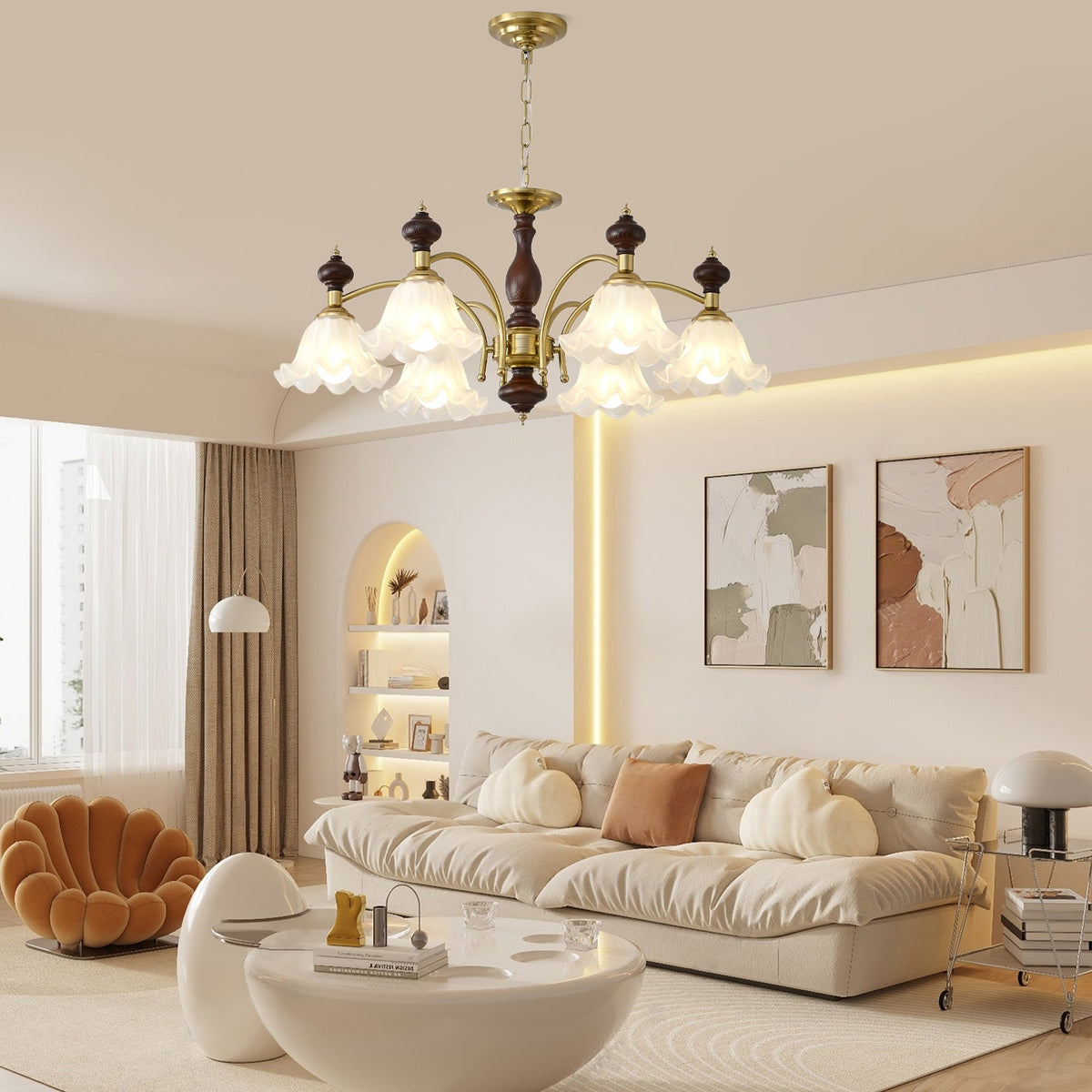 Ethereal Blossom Chandelier in Gold and Walnut with Glass Petals