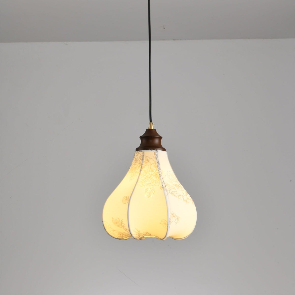 Blossom Lantern Pendant Light – Walnut Wood & Fabric Shade