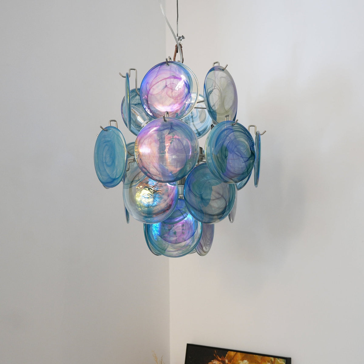 Blue Murano Glass Disc Chandelier, Modern Pendant Light for Dining Room and Living Room