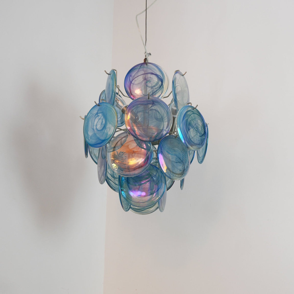 Blue Murano Glass Disc Chandelier, Modern Pendant Light for Dining Room and Living Room