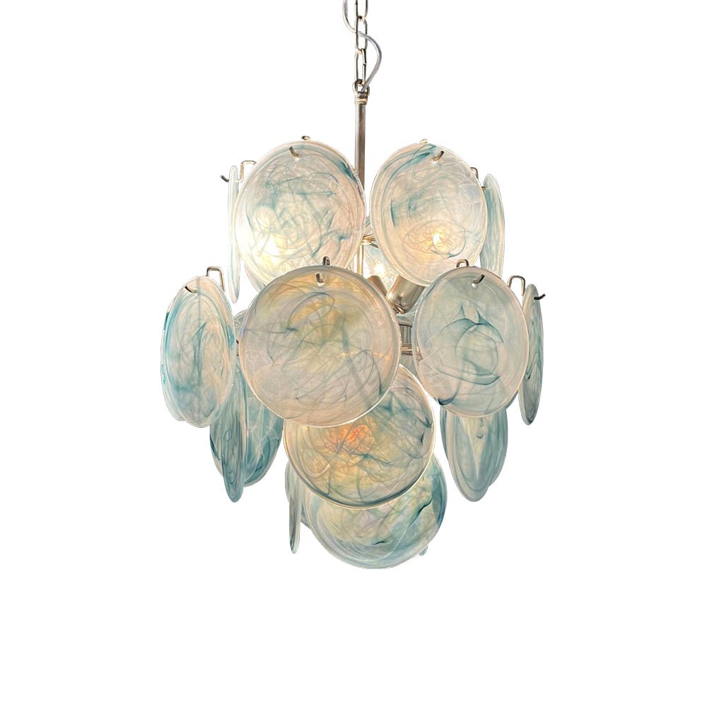 Blue Murano Glass Disc Chandelier, Modern Pendant Light for Dining Room and Living Room