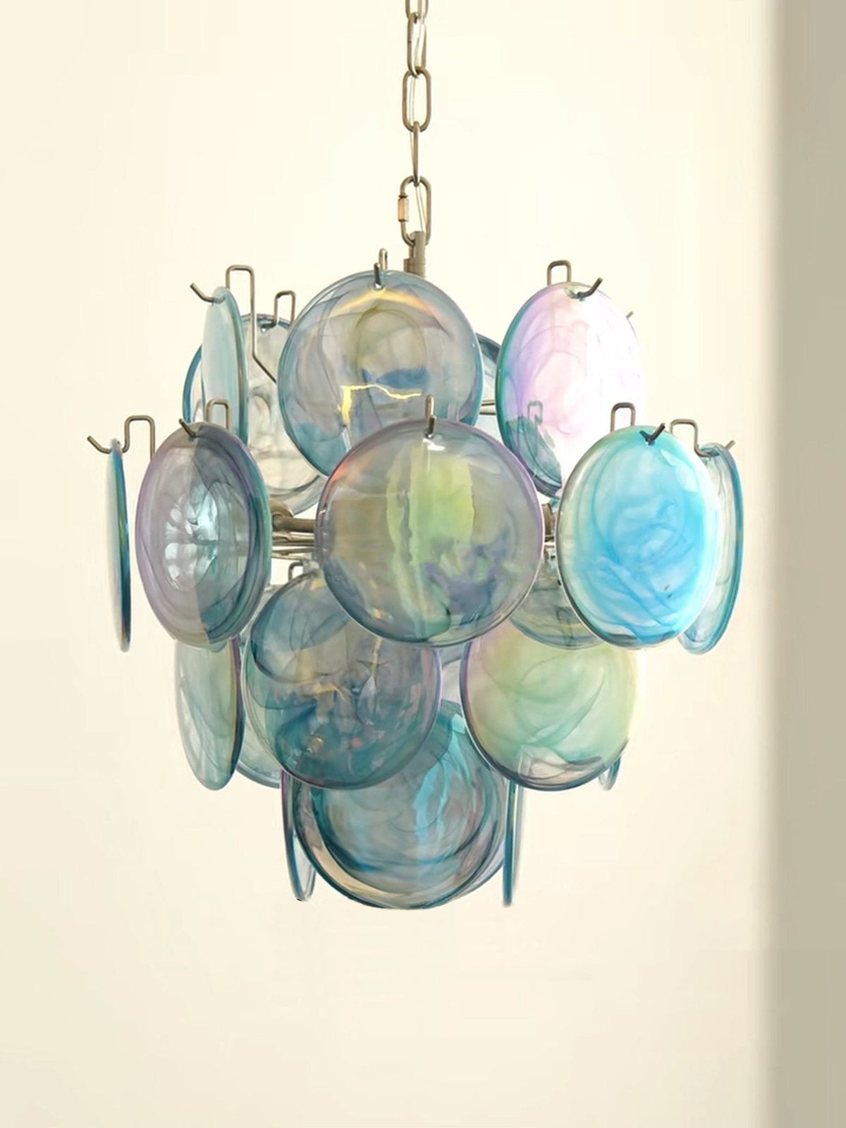 Blue Murano Glass Disc Chandelier, Modern Pendant Light for Dining Room and Living Room