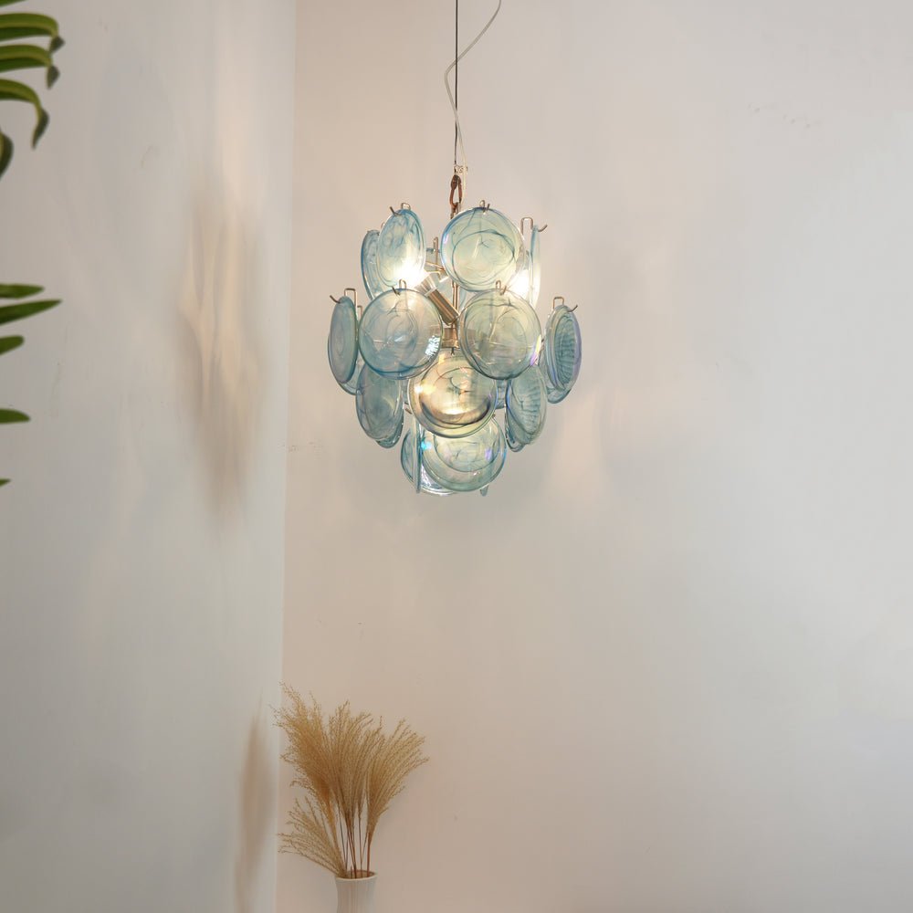 Blue Murano Glass Disc Chandelier, Modern Pendant Light for Dining Room and Living Room
