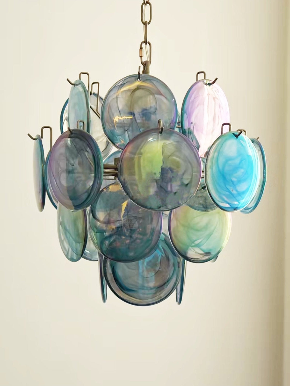Blue Murano Glass Disc Chandelier, Modern Pendant Light for Dining Room and Living Room