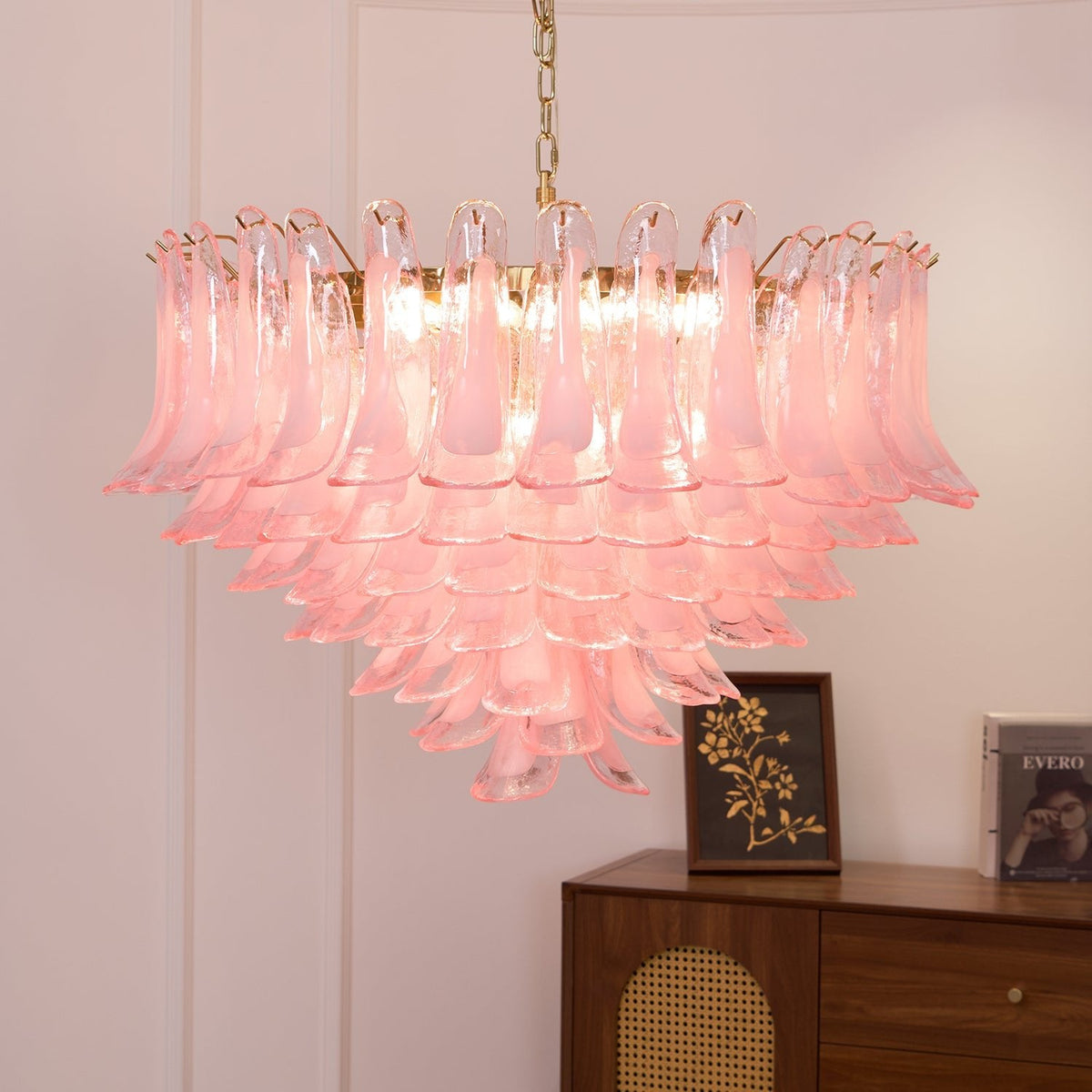 Blush Pink Murano Glass Chandelier with Gold Finish