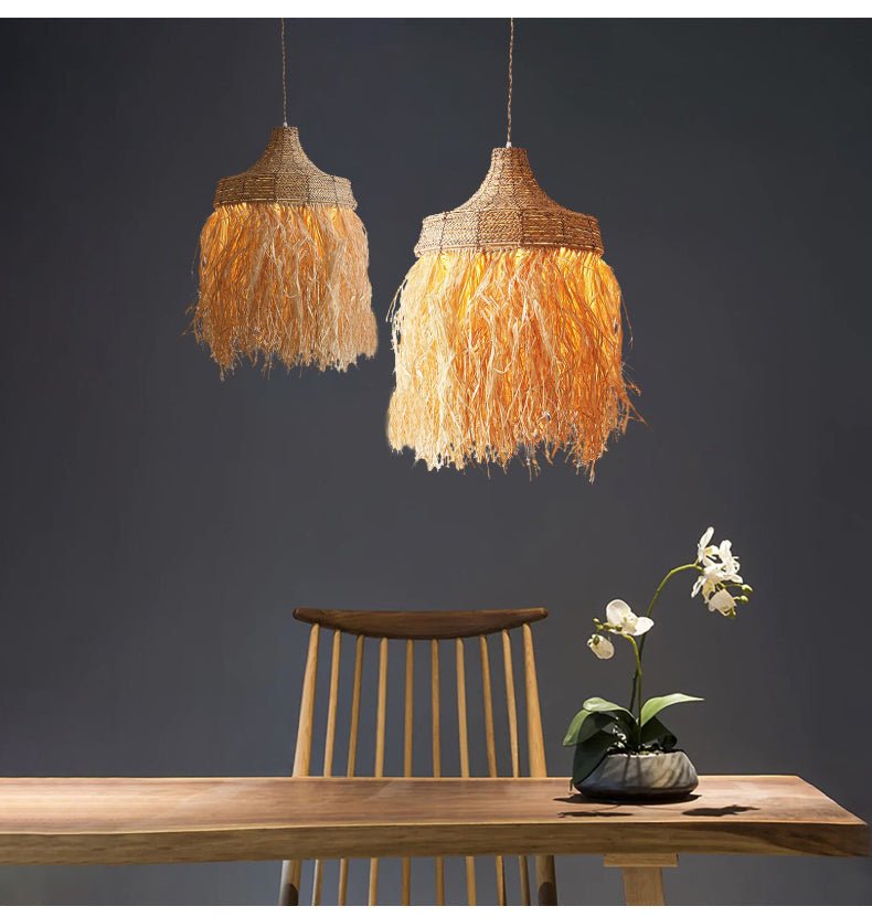 Artisan Raffia Pendant Light with Natural Rattan Accents