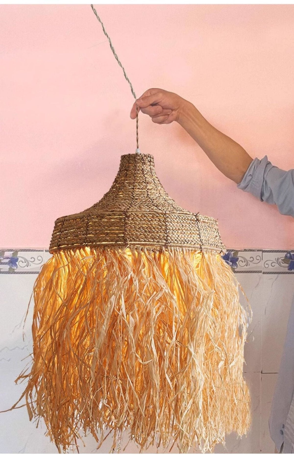 Artisan Raffia Pendant Light with Natural Rattan Accents