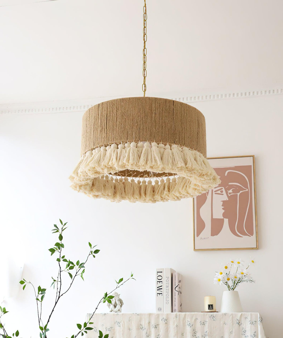 Boho Rara Handwoven Cotton Pendant Light – Natural Hemp Tassel Chandelier