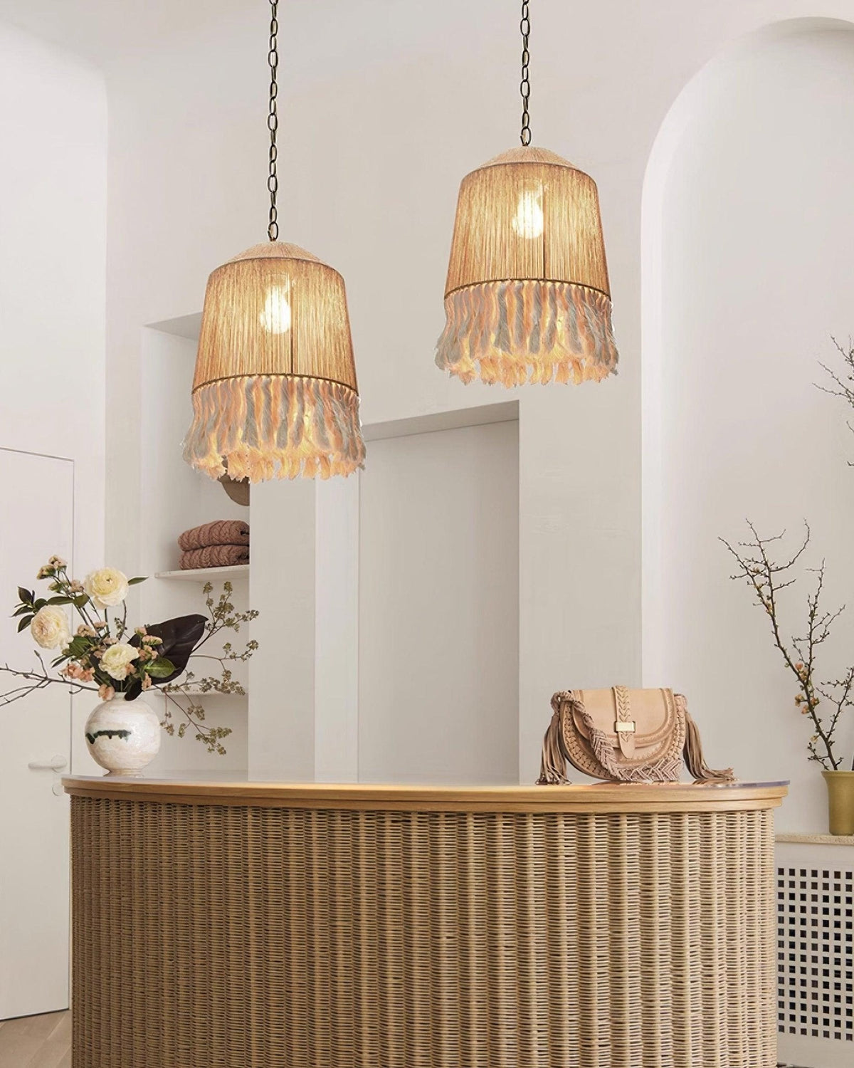 Boho Rara Handwoven Cotton Pendant Light – Natural Hemp Tassel Chandelier