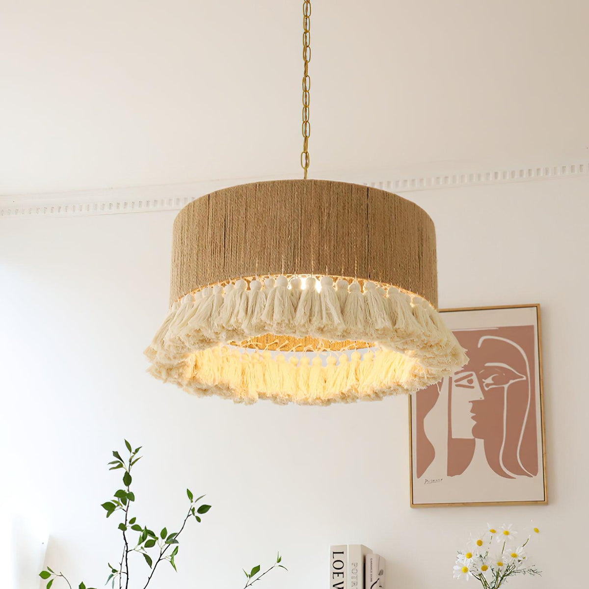 Boho Rara Handwoven Cotton Pendant Light – Natural Hemp Tassel Chandelier