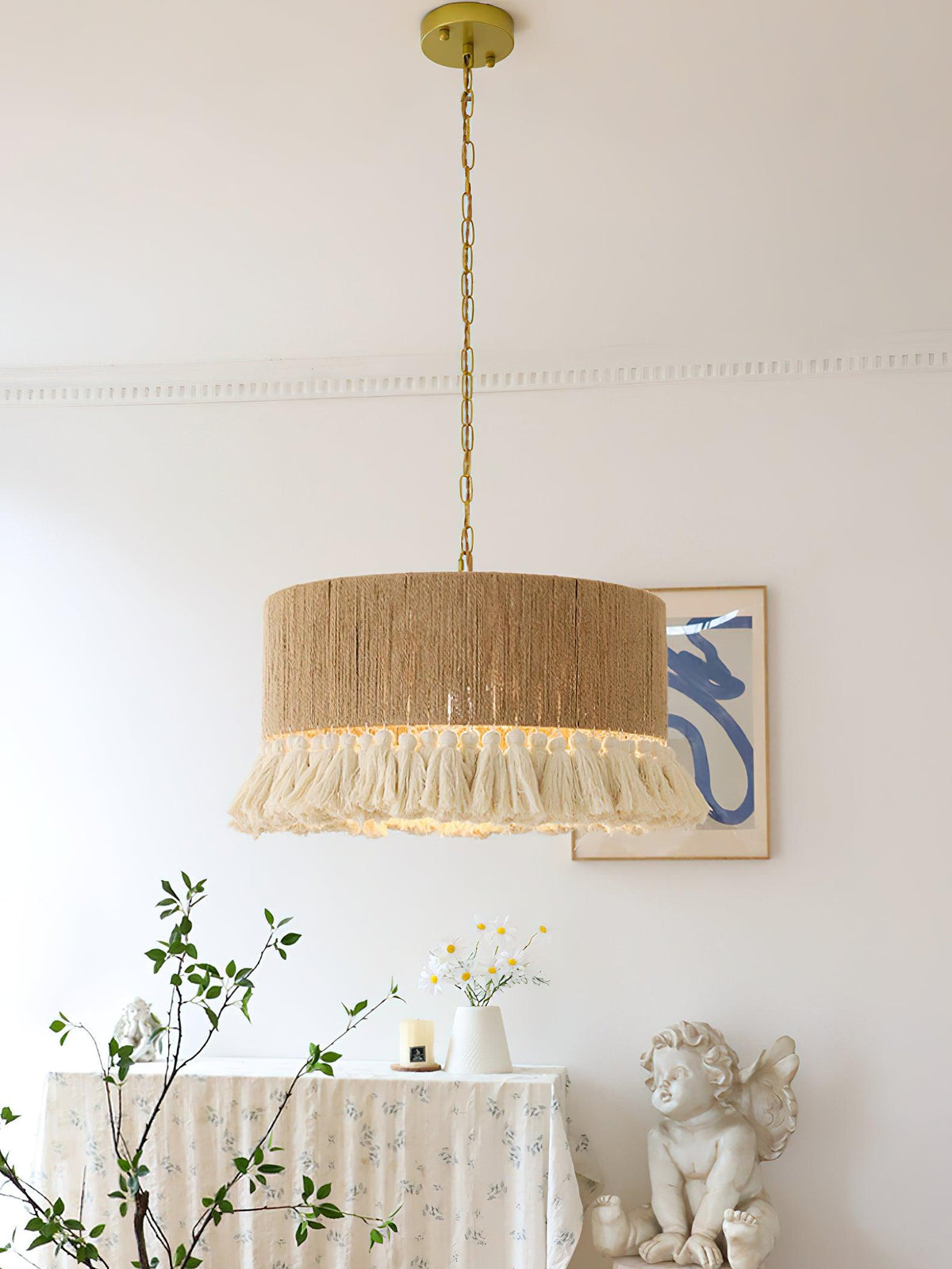 Boho Rara Handwoven Cotton Pendant Light – Natural Hemp Tassel Chandelier