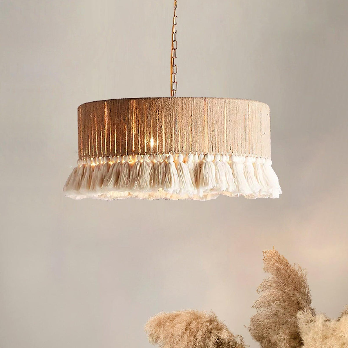 Boho Rara Handwoven Cotton Pendant Light – Natural Hemp Tassel Chandelier