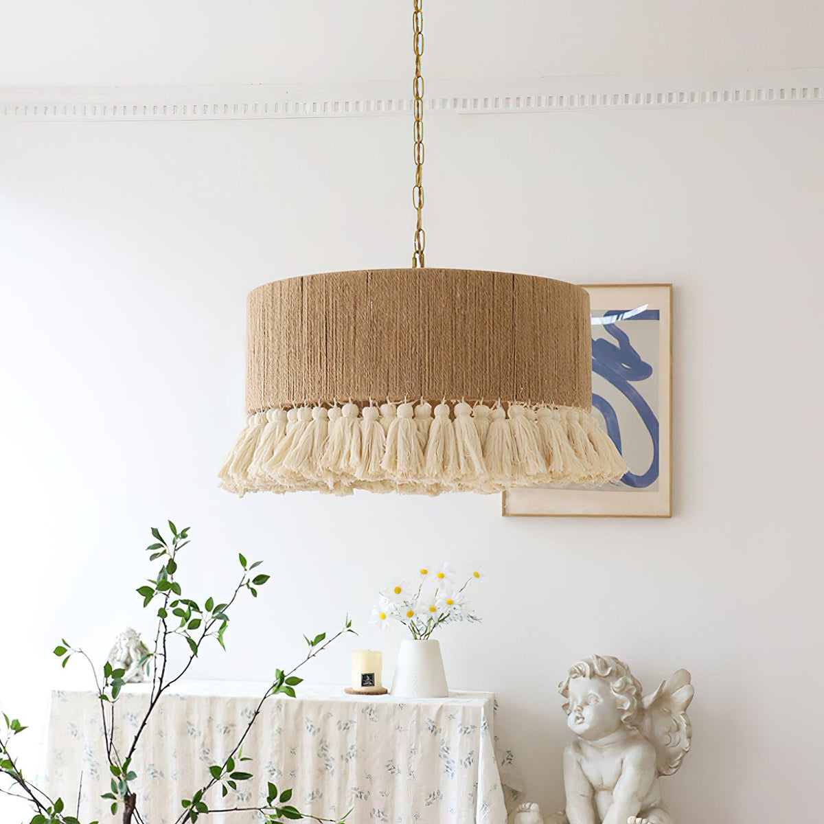 Boho Rara Handwoven Cotton Pendant Light – Natural Hemp Tassel Chandelier