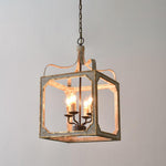 Washed Grey Wood & Iron Lantern Chandelier, 4-Light Geometric Cube Pendant for Dining Room and Foyer