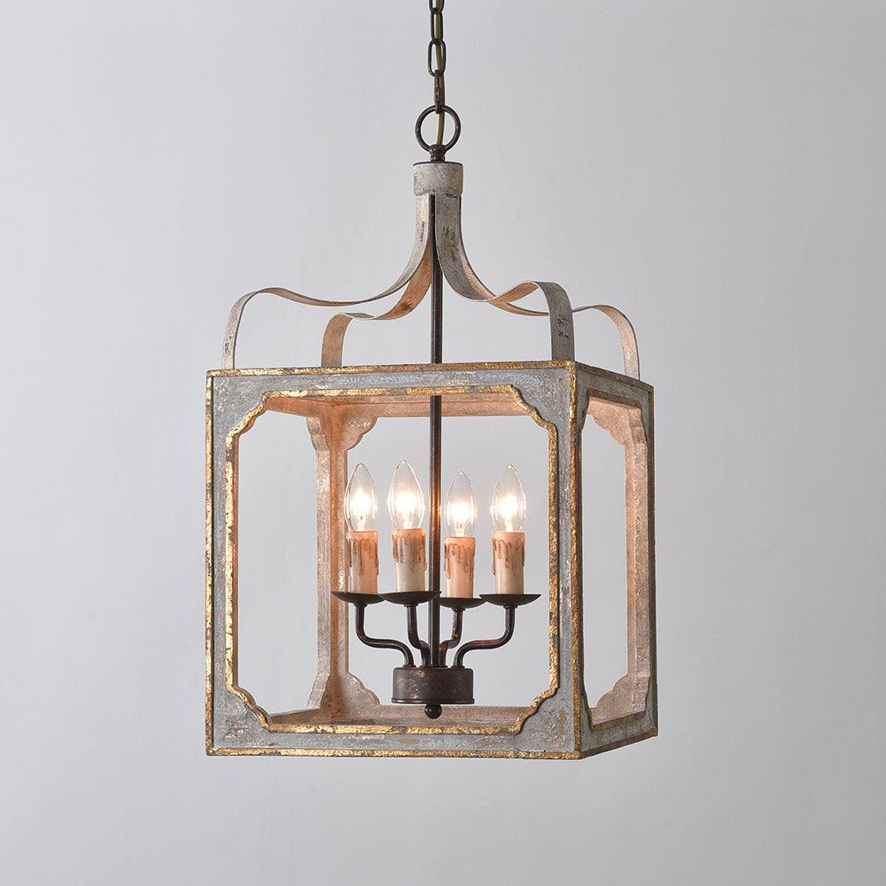Washed Grey Wood & Iron Lantern Chandelier, 4-Light Geometric Cube Pendant for Dining Room and Foyer