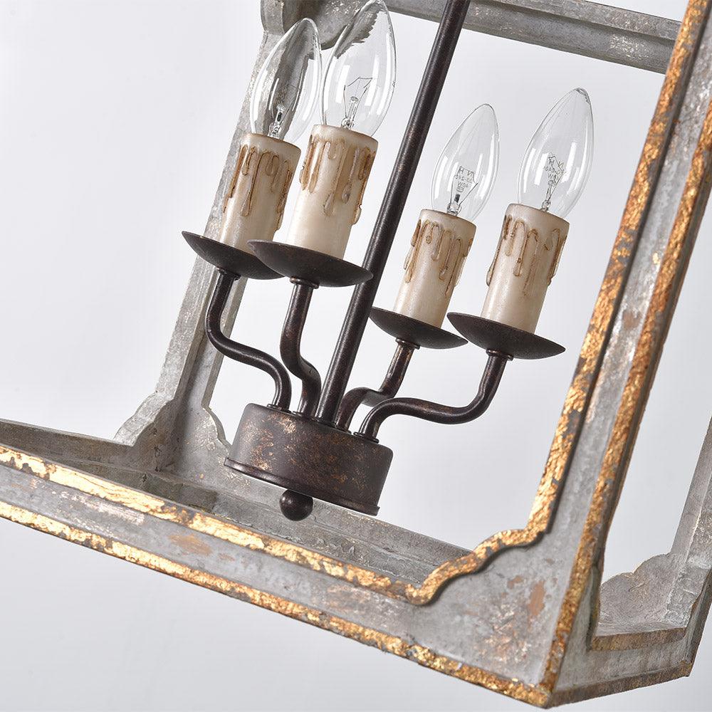 Washed Grey Wood & Iron Lantern Chandelier, 4-Light Geometric Cube Pendant for Dining Room and Foyer