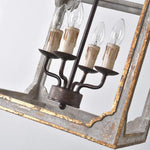 Washed Grey Wood & Iron Lantern Chandelier, 4-Light Geometric Cube Pendant for Dining Room and Foyer
