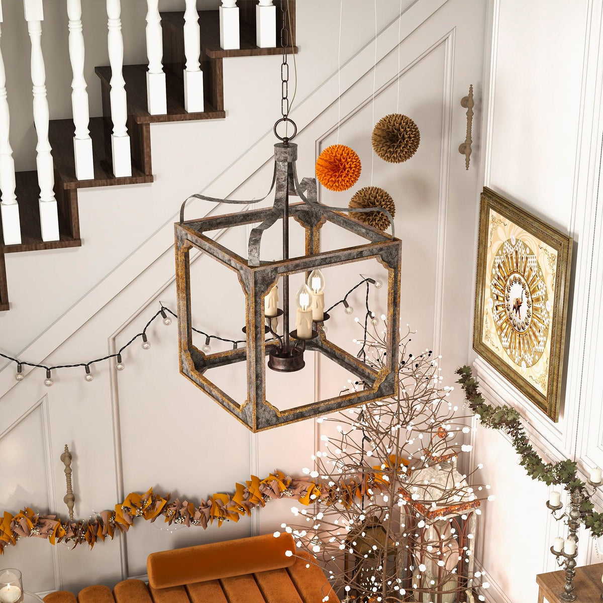 Washed Grey Wood & Iron Lantern Chandelier, 4-Light Geometric Cube Pendant for Dining Room and Foyer