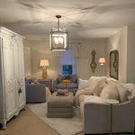 Washed Grey Wood & Iron Lantern Chandelier, 4-Light Geometric Cube Pendant for Dining Room and Foyer