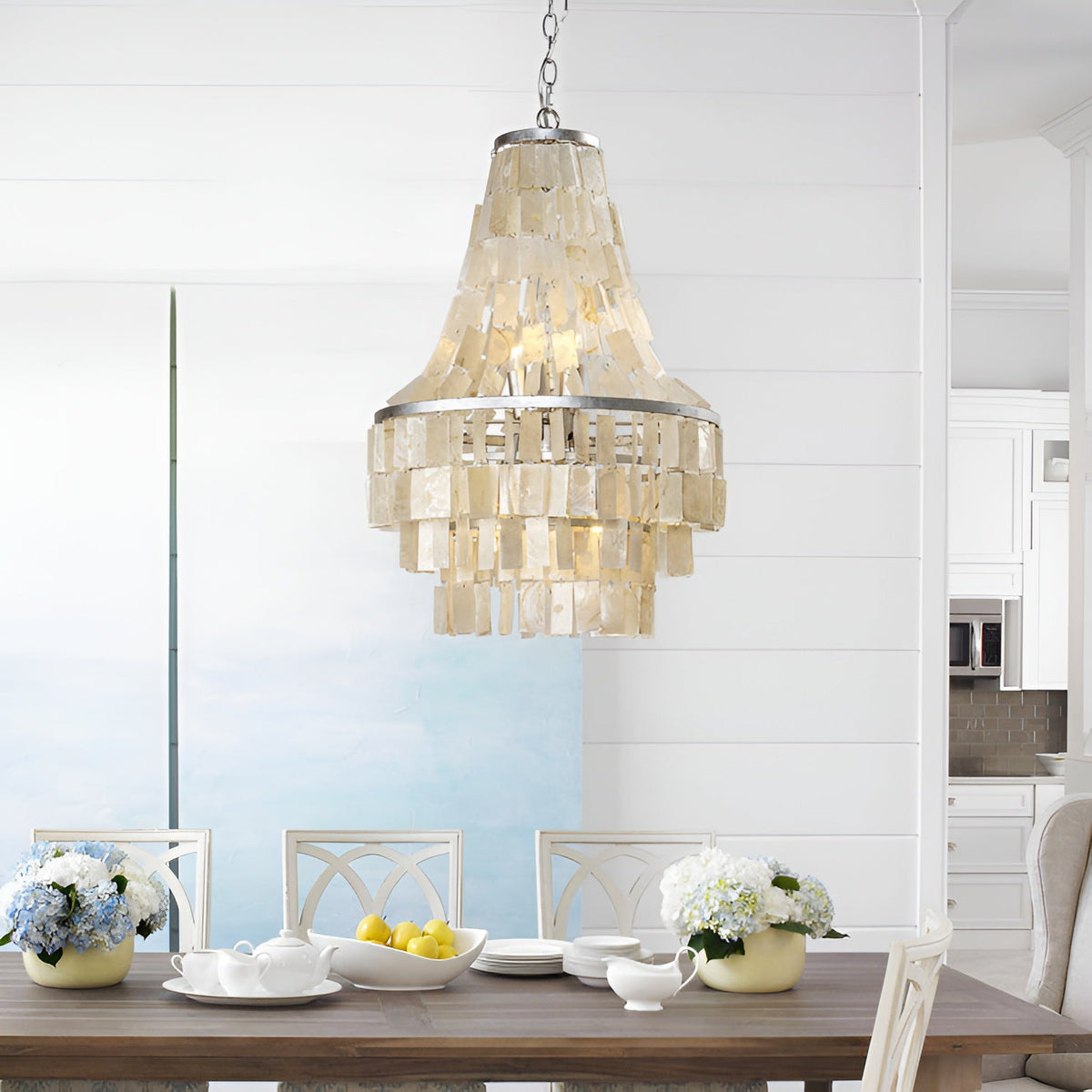 Boho Shell Tiered Chandelier – Natural Capiz Shell Pendant Light for Dining Room and Living Room
