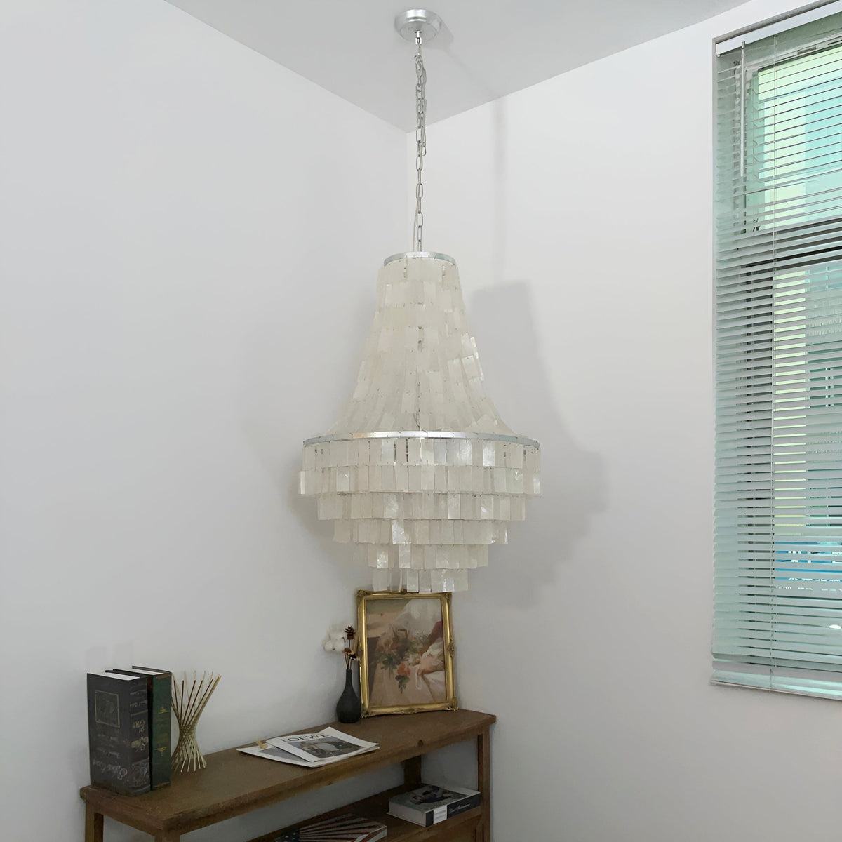 Boho Shell Tiered Chandelier – Natural Capiz Shell Pendant Light for Dining Room and Living Room