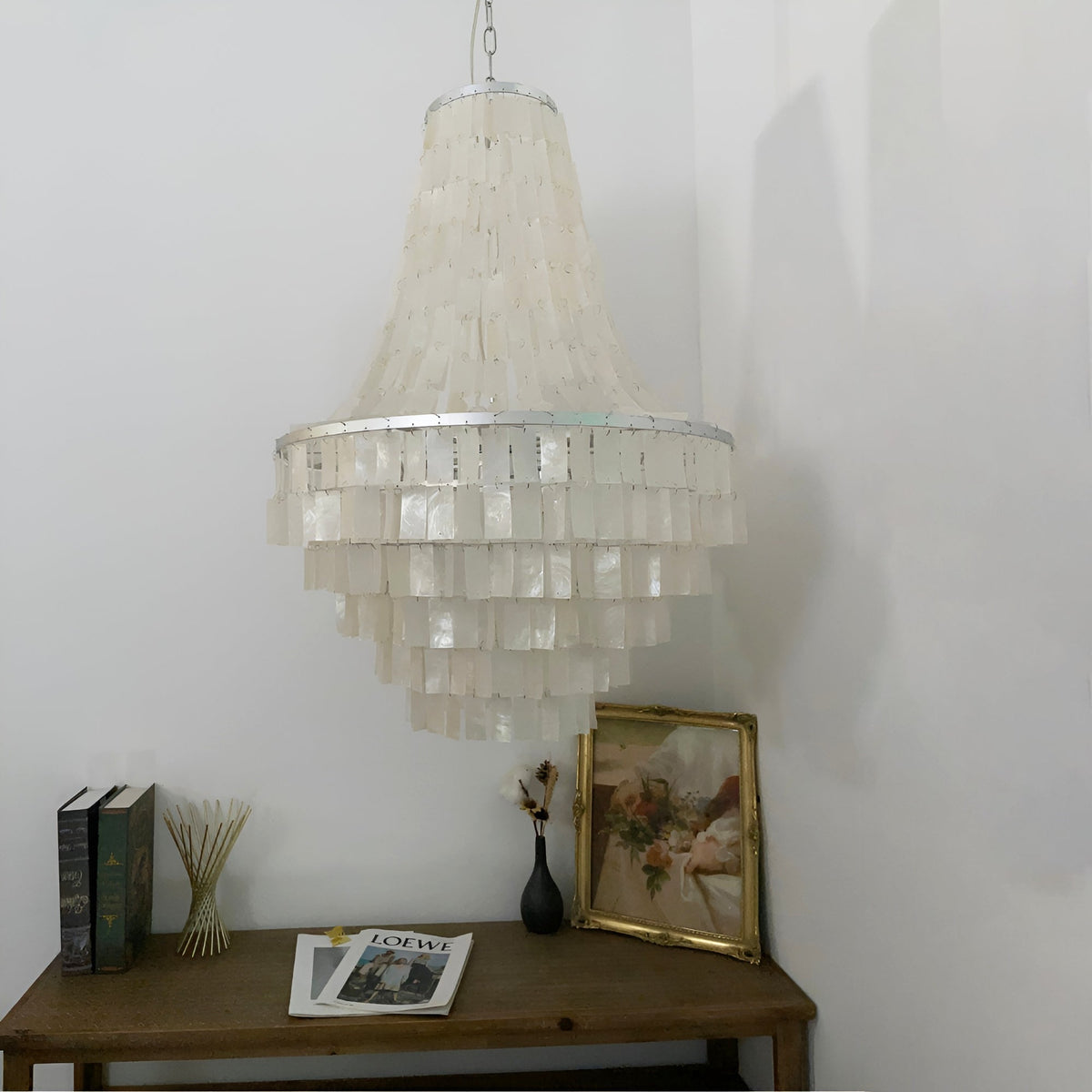 Boho Shell Tiered Chandelier – Natural Capiz Shell Pendant Light for Dining Room and Living Room