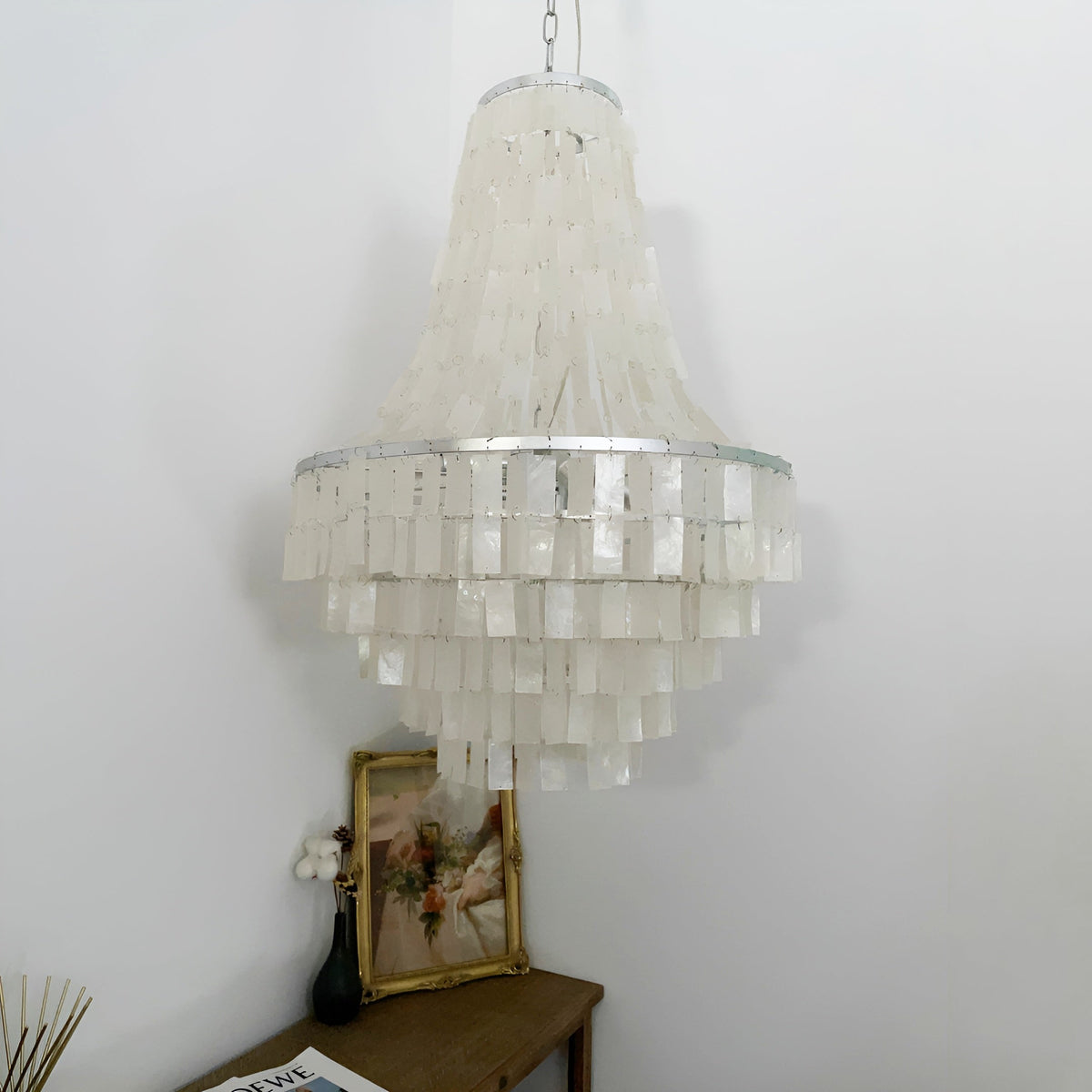 Boho Shell Tiered Chandelier – Natural Capiz Shell Pendant Light for Dining Room and Living Room